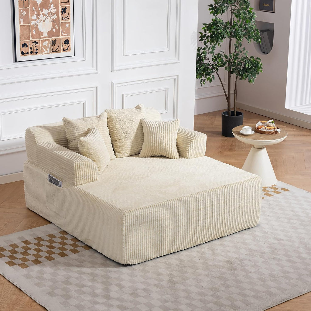 58" Oversized Boneless Chaise Chair, Beige | Corduroy Lounge Chair Indoor Sleeper Sofa Bed with Arms and 4 Pillows No Assembly for Bedroom Living Room