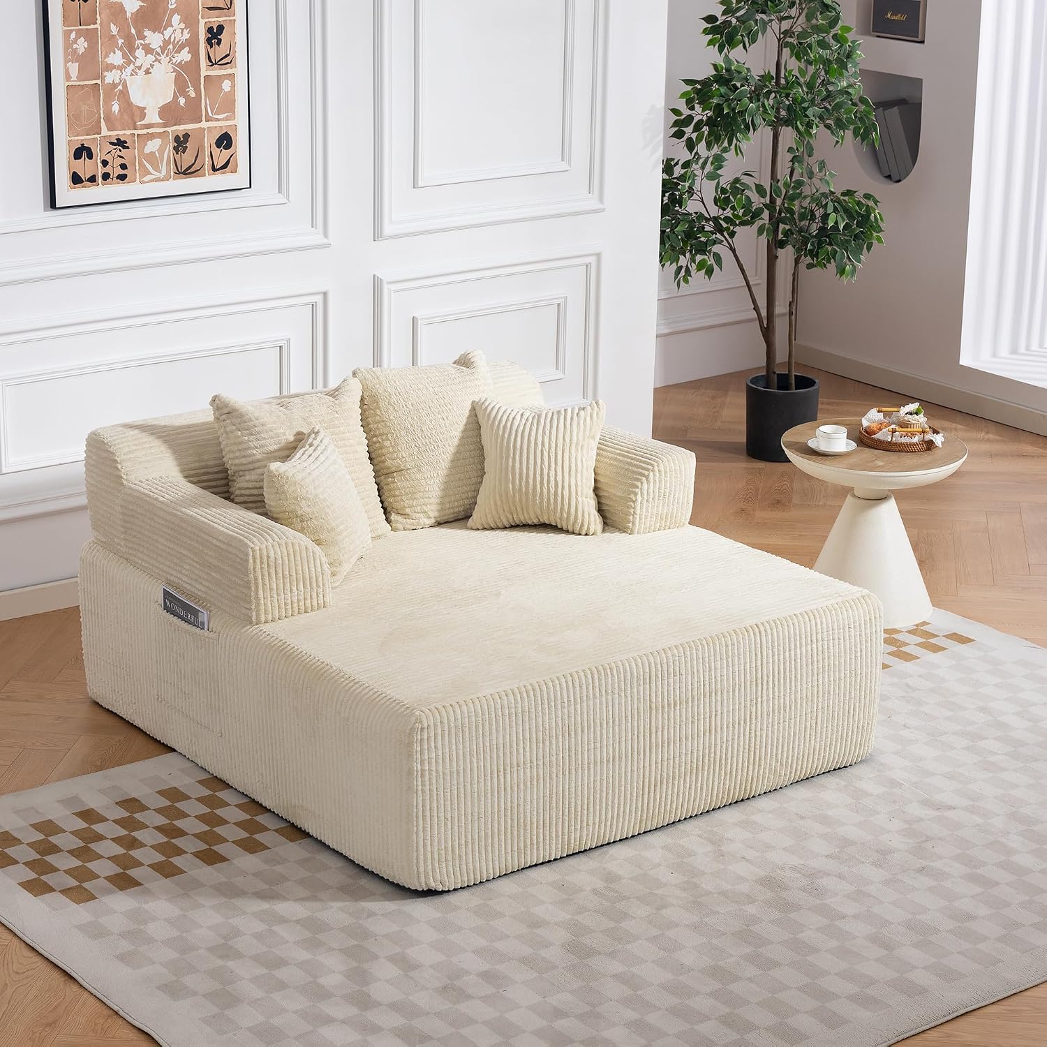 58" Oversized Boneless Chaise Chair, Beige | Corduroy Lounge Chair Indoor Sleeper Sofa Bed with Arms and 4 Pillows No Assembly for Bedroom Living Room