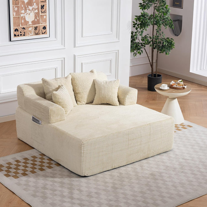 58" Oversized Floor Chaise Chair, Beige | Corduroy Lounge Chair Indoor Sleeper Sofa Bed with Arms and 4 Pillows No Assembly for Bedroom Living Room