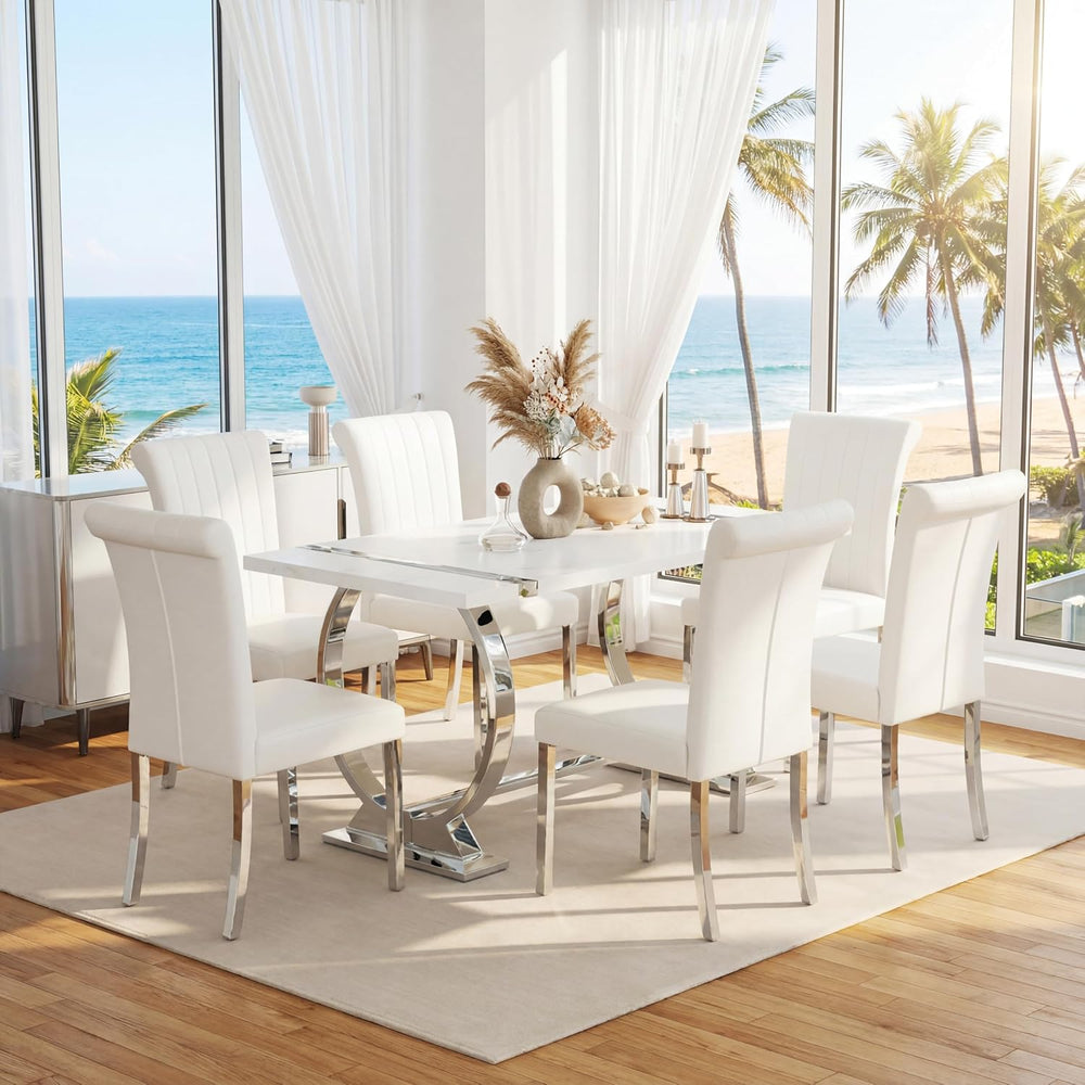 Asday 7 Piece Dining Table Set, Luxury White and Silver Dining Room Table Set...