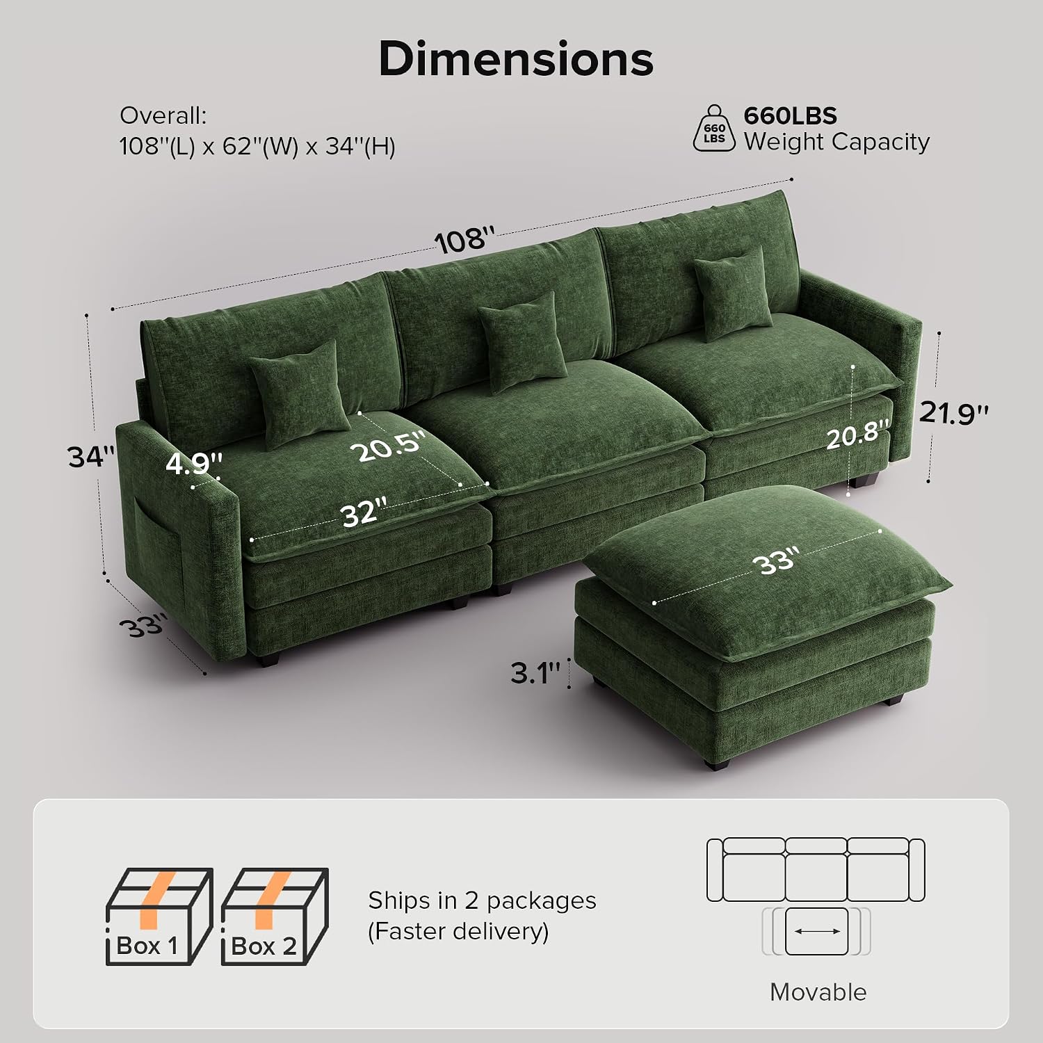 108 Inch Cloud Couch Sectional, Modular Sectional Sofa with Ottoman, Green | L Shaped Sectional Couches for Living Room, Apartment, Comfy Corduroy Cloud Sofa with Throw Pillows, Modern 4 Seater Couch