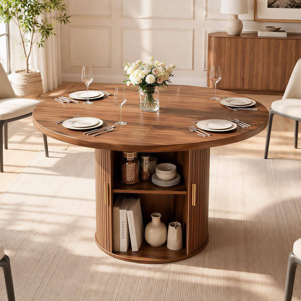 47-Inch Round Dining Table for 4-6, Tambour Door Storage, Walnut