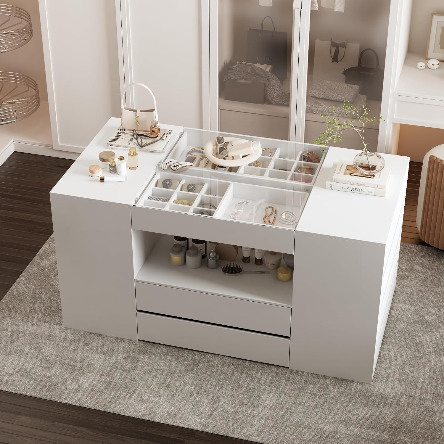 AGOTENI 62" W Closet Island with 14 Drawers, Glass Top & Drawer Organizers, Modern Wooden Armoire Wardrobe Storage Island with Open Shelf for Walk-in Closet Bedroom, White