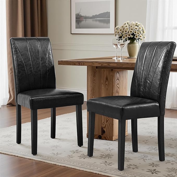 VECELO Upholstered Dining Chairs Set of 2, Modern PU Leather Dinning Room Chair with Solid Wood Legs and High Back, Parsons for Kitchen/Living Room- Black