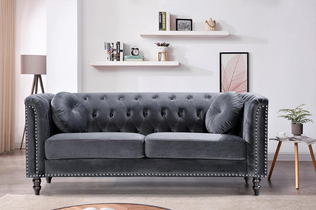 Container Furniture Direct Zenvor Velvet Chesterfield Sofa for Living Room, Apartment or Office, Mid Century Modern Couch with Diamond Tufts and Nailhead Accent, 75.98", Grey