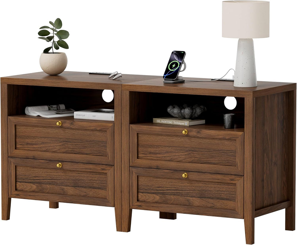 Farmhouse End Table with 2 Drawers Set of 2, Wooden Nightstand with Open Stor...