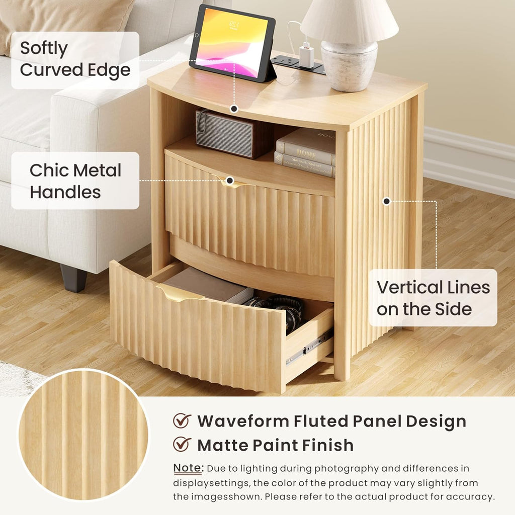 Dystler Fluted Night Stand with Gun Drawer & Card-Lock, 19.7" W Curved Nightstand with Charging Station and LED Lights, 2 Drawers Smart Bedside Table for Bedroom (1, Oak)