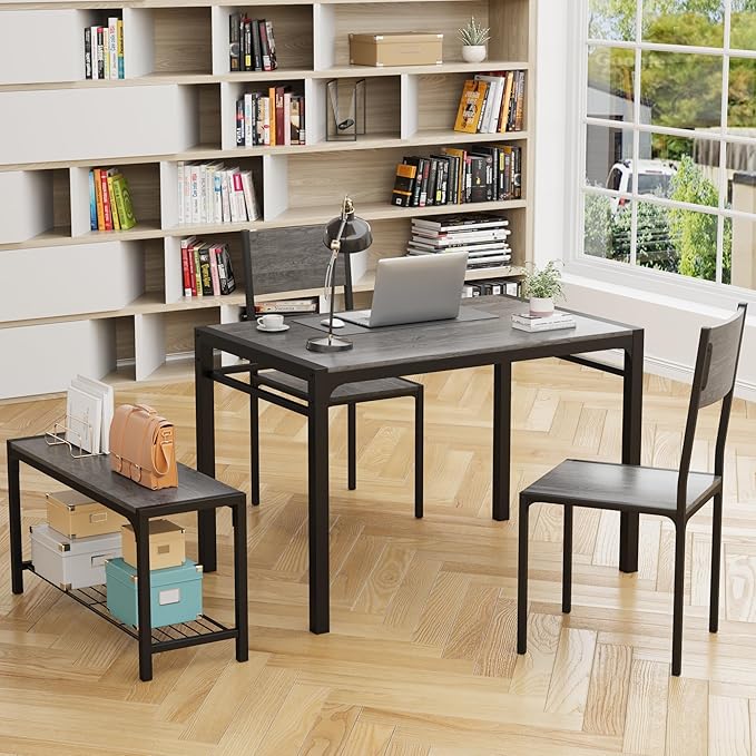 JUMMICO 43.3" Dining Table Set for 4, Kitchen Table with Bench & 2 Chairs Modern Rectangular Metal Frame Dining Furniture Set for Small Space (Grey)