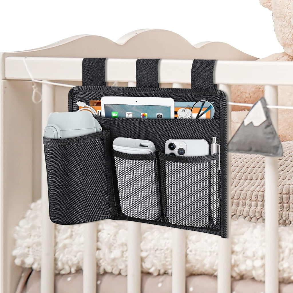 Bedside Caddy Organizer - Bed Organizer Caddy for Remotes Control Phone Glasses Magazines Tablets Accessories - Wheelchair Bag for Hospital Home Office Dorm Room (4 pocket)