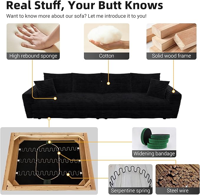 KEIKI 102.4" Sectional Couches, Modern Comfy Upholstered Sofa Cloud Couch, Deep Seat 4 Seat Sofa Set with Soft Pillows and Movable Ottoman for Living Room, Apartment, Office, Black