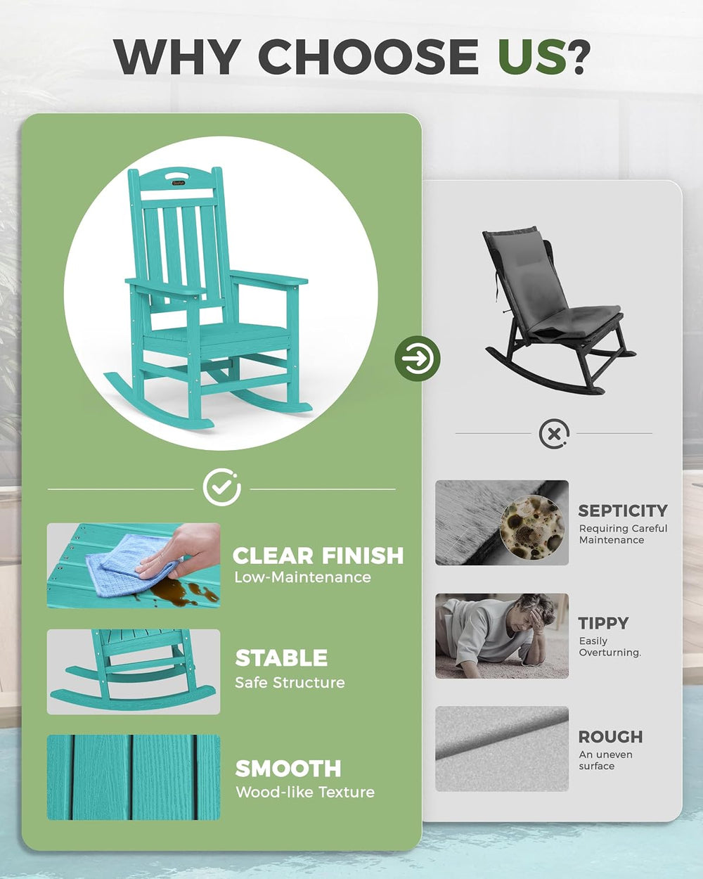 Oversized Outdoor Rocking Chair, High Back Porch Rocker Chair, HDPE All Weath...