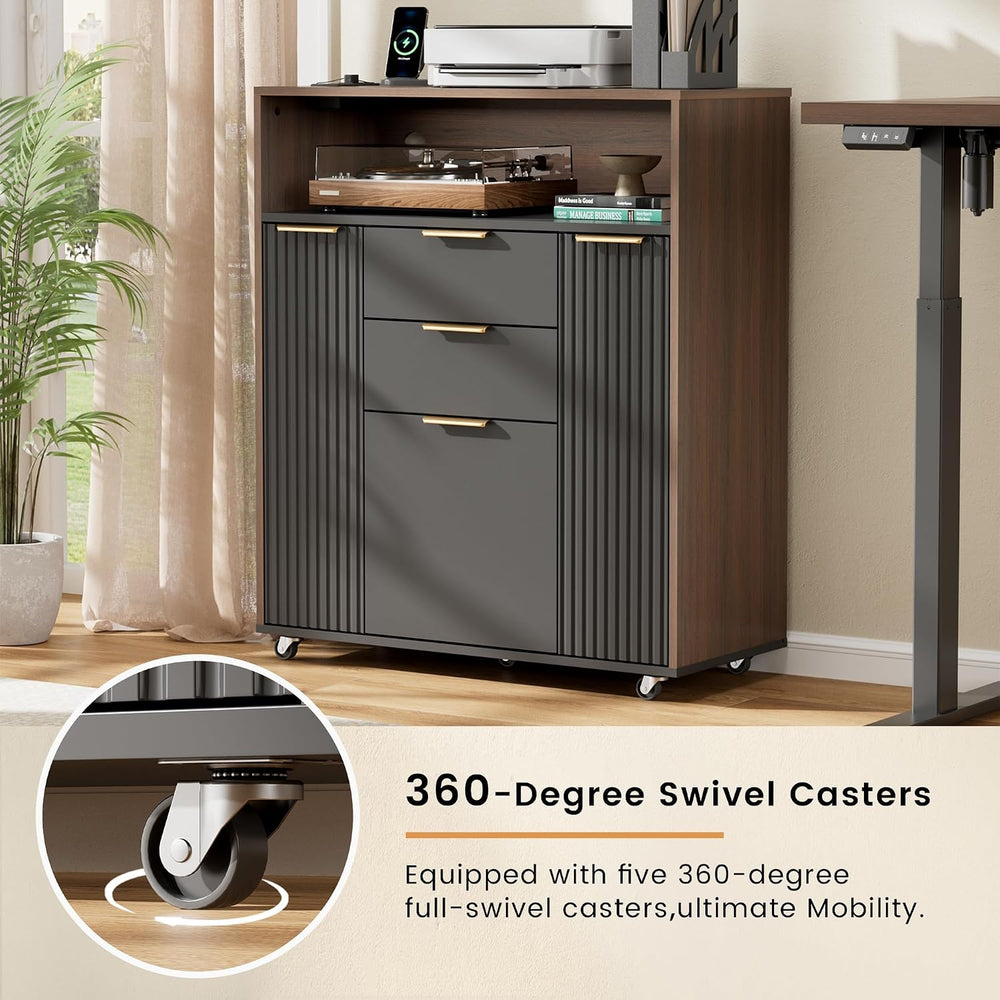 ModernMate Fluted Mobile Office File Cabinet with 3 Drawers, 37" Rolling...