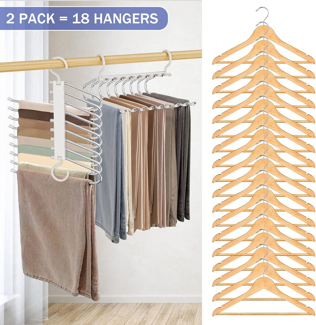 Upgrade 9 Layers Pants Hangers Space Saving, 2 Pack Pant Hangers Organizer Multifunctional Pants Rack Space Saver Closet Organizers and Storage Hangers for Pants Jeans Leggings Trousers Skirts, White