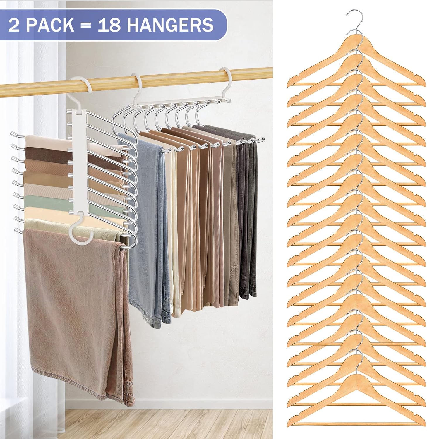 Upgrade 9 Layers Pants Hangers Space Saving, 2 Pack Pant Hangers Organizer Multifunctional Pants Rack Space Saver Closet Organizers and Storage Hangers for Pants Jeans Leggings Trousers Skirts, White