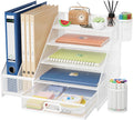 Marbrasse Desk Organizer with File Holder, 5-Tier Paper Letter Tray Organizer with Drawer and 2 Pen Holder,Mesh Desk Organizers and Accessories,Desktop Organizer and Storage for Office Supplies(White)