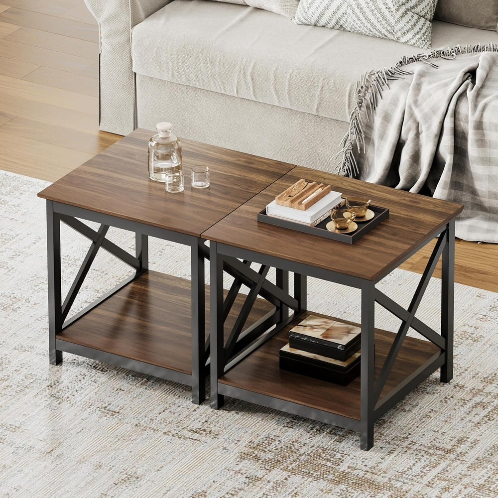 ChooChoo End Tables Set of 2, 24 Inch End Table with 2-Tier Storage Shelf, Si...