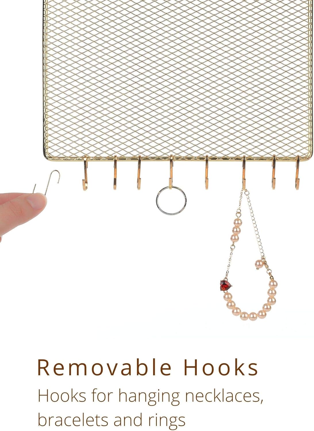 Heesch 2 Pack Earring Holder Wall Mounted Hanging Jewelry Organizer Display Decorative Metal Diamond Shape with Hooks for Necklaces Bracelets (Gold)