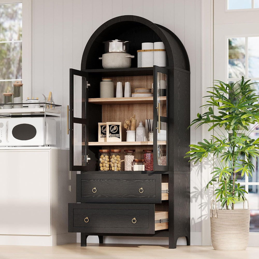 HRVEOCEI Black Arched Cabinet with Glass Doors, Tall Arch Kitchen Pantry with...
