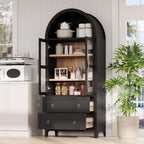 HRVEOCEI Black Arched Cabinet with Glass Doors, Tall Arch Kitchen Pantry with 2 Large Drawers & Adjustable Shelves/Golden Handles, Wood Hutch Cabinet for Kitchen, Dining Room, Living Room