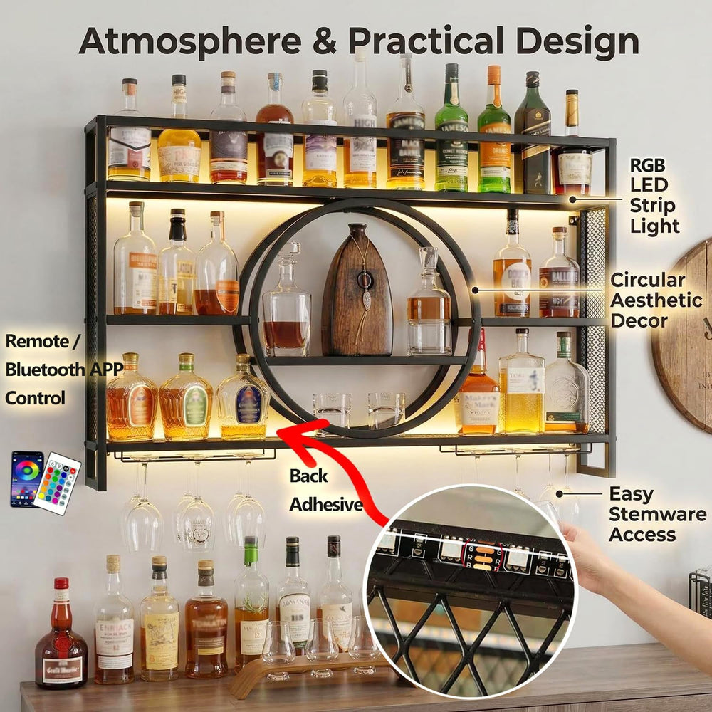39 Inch Bar Shelves Wall Mounted Wine Rack with LED Light | 3 Tier Large Capa...