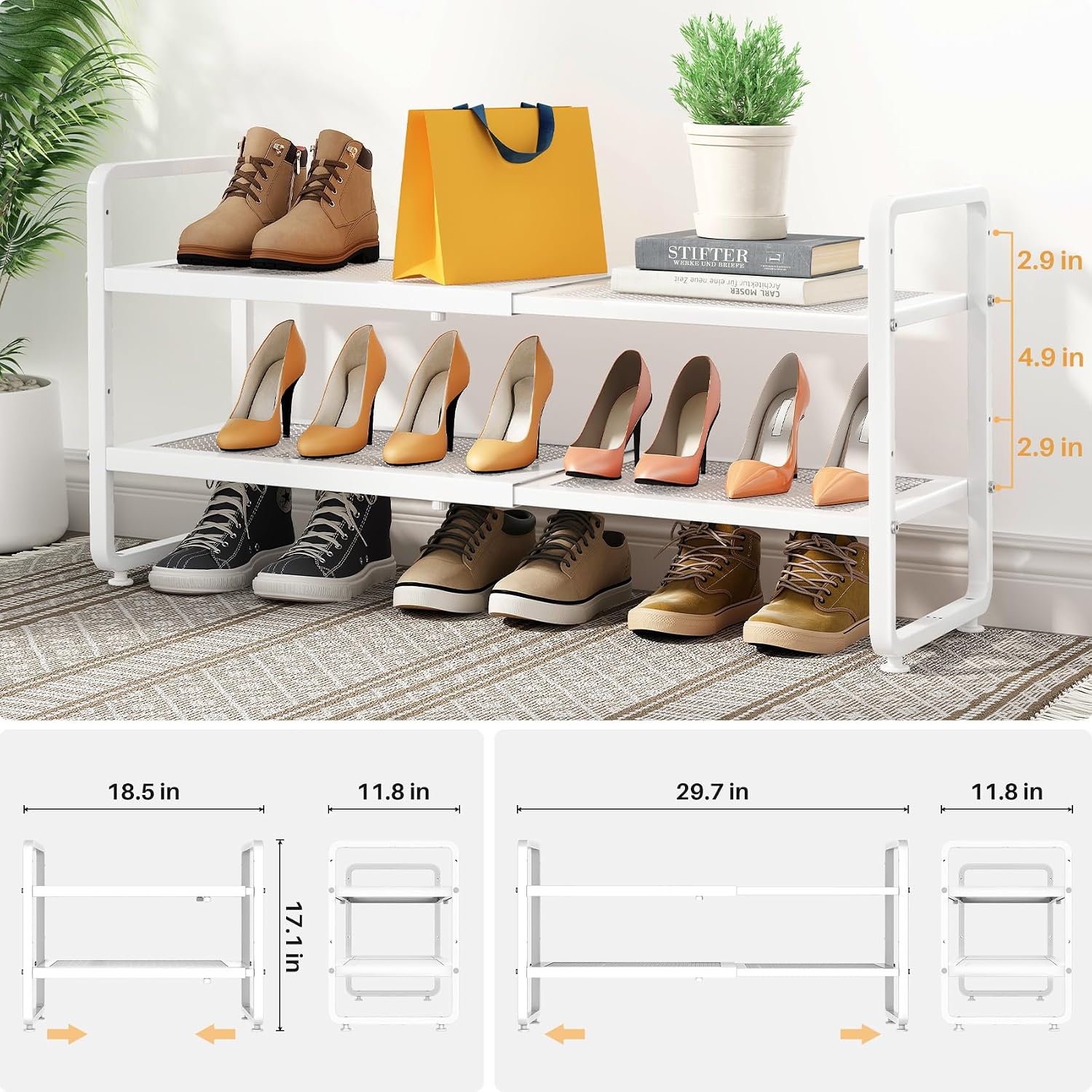 Expandable Metal Shoe Rack for Closet, Entryway & Garage, 2-Tier, White | Adjustable Height for Boots, Stackable Design, Dense Mesh Shelves for Heels, Fits Small Spaces, Apartments and Rentals