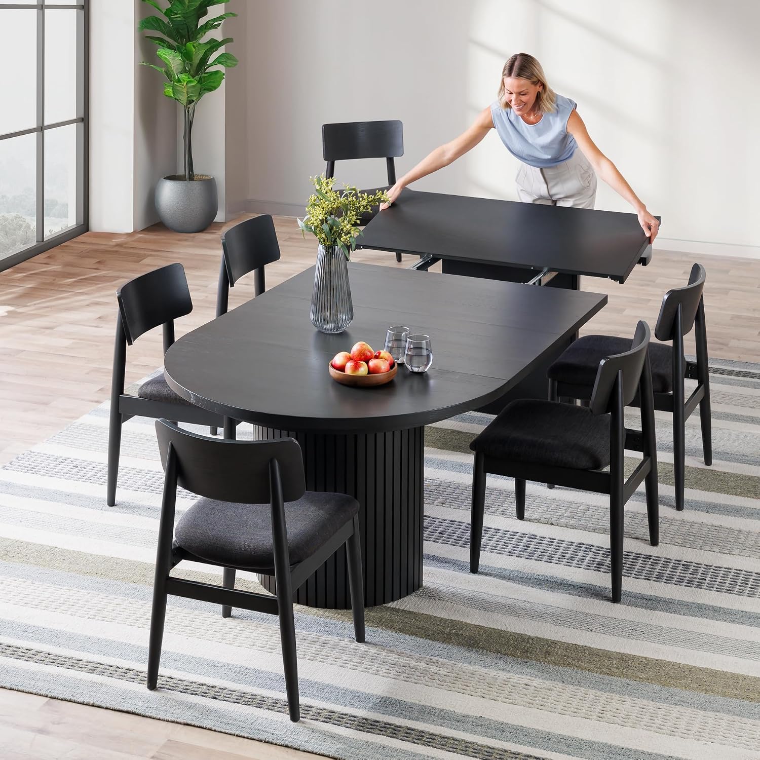 Transformer Table Solid Wood Extendable Round Dining Table Set, Black