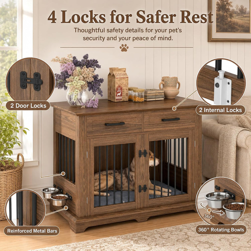 44.48" Large Dog Crate Furniture End Table (Brown) | 2 Storage Drawers, ...