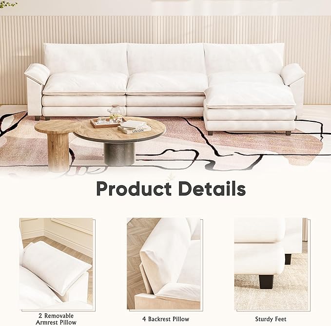 Furniwell 119" Modular Couch 3-Seat Sofa with Reversible Ottoman, Cloud Couch L Shaped Sofa with Deep Seat, Chenille Sectional Couches for Living Room