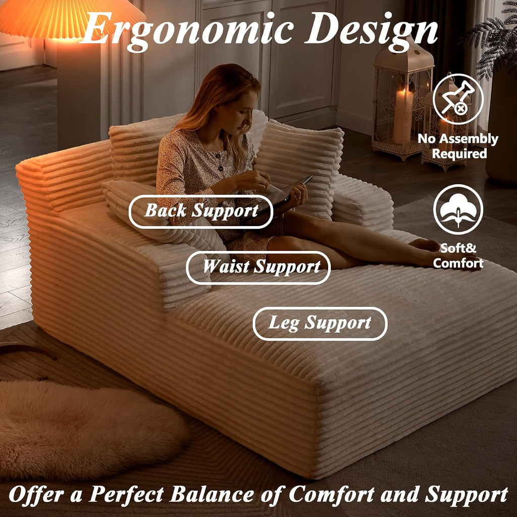 67 Inch Oversized Chaise Lounge Sofa Chair Indoor with 2 Pillows & Armrest, Comfy Upholstered Corduroy Single Sleeper Sofa Chair Bed for Living Room & Bedroom, No Assembly Required (White)