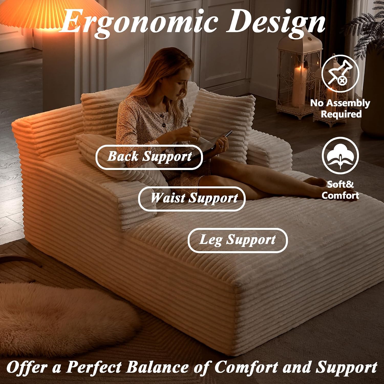 67 Inch Oversized Chaise Lounge Sofa Chair Indoor with 2 Pillows & Armrest, Comfy Upholstered Corduroy Single Sleeper Sofa Chair Bed for Living Room & Bedroom, No Assembly Required (White)