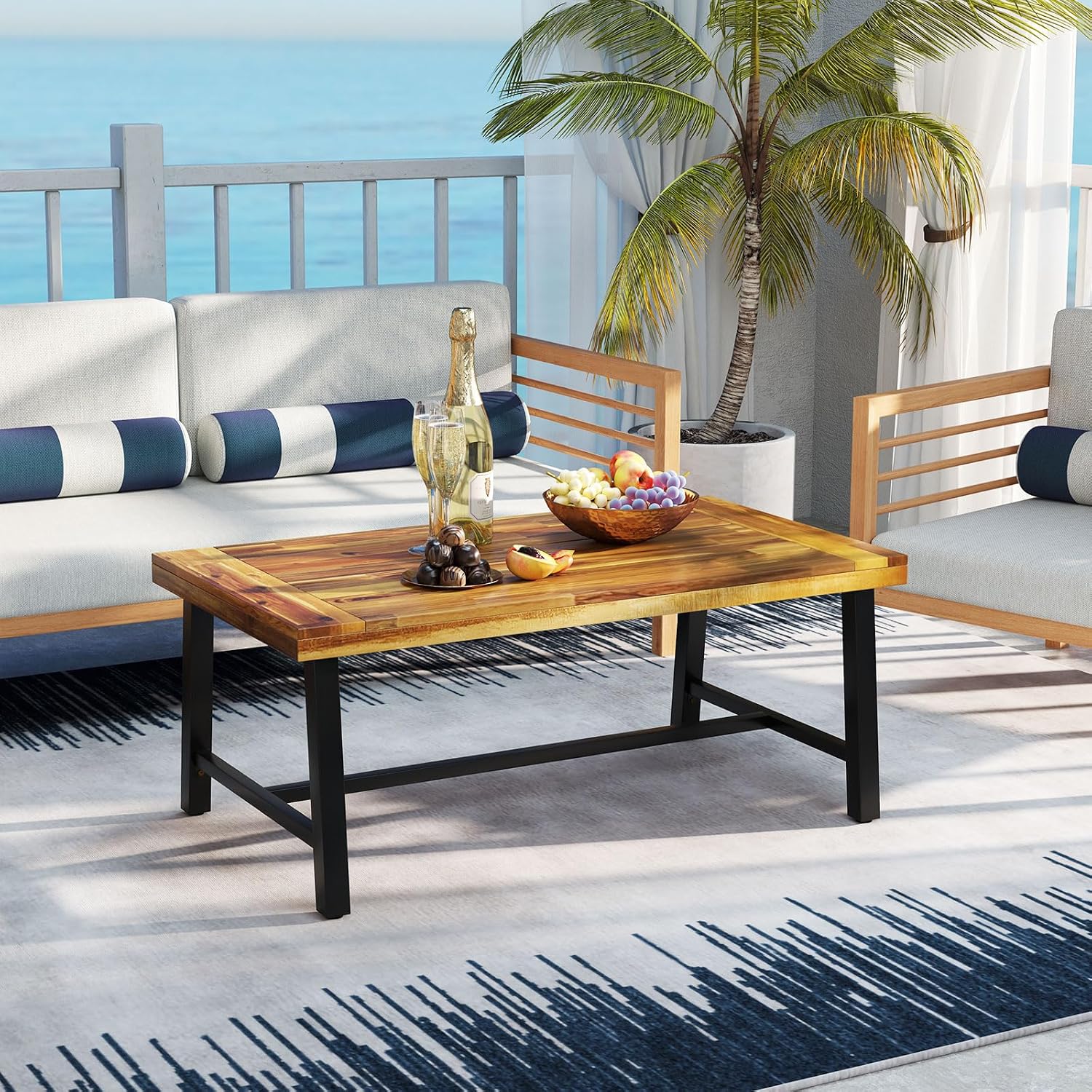 Tangkula Outdoor Acacia Wood Coffee Table, Rectangle Rustic Accent Table with Thickened Top & Heavy-Duty Metal Legs, for Patio, Deck, Garden, Natural