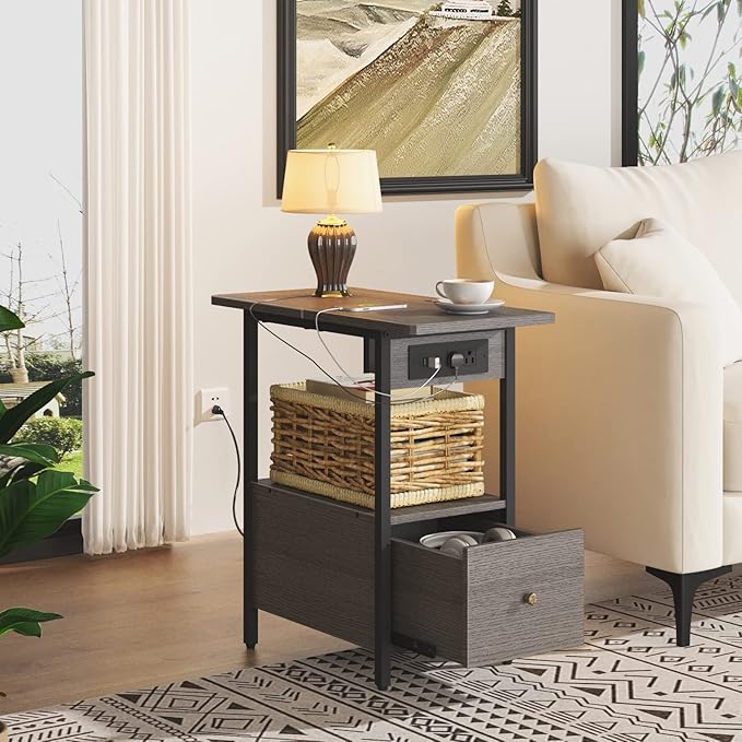 LIDYUK End Table with Charging Station, Narrow Side Table with Drawer and USB...