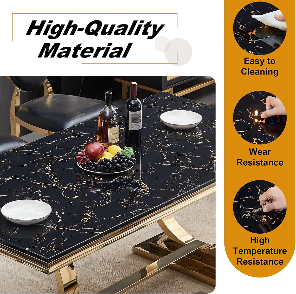 70" Marble Dining Table with Black Faux Marble Top and Gold O-Shape Stai...