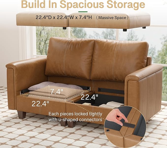 SITJOY 65" Faux Leather Modular Sectional Sofa with Storage, Mid Century Modern Sectional Couches for Living Room, Soft Padded Armrests, 4 Seat Couch Bed, Brown