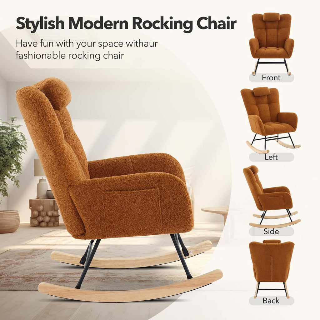 300lb Capacity Nursery Glider Rocker,Teddy Upholstered with Wood Legs for Living Room,Bedroom Nursery Includes Side Pockets