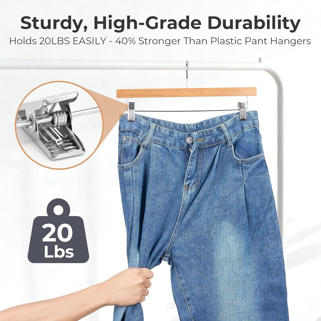 HOUSE DAY Premium Wooden Pants Hangers 50 Pack, Solid Lotus Wood Skirt Hangers with 2-Adjustable Clips, Heavy Duty & Anti Slip Wood Bottom Hanger for Slacks, Jeans, Trousers, Shorts (Natural)
