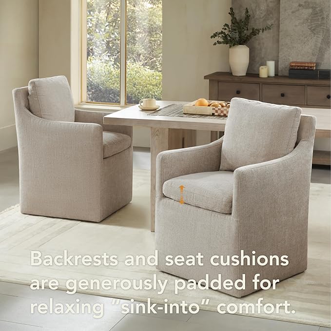 Upholstered Dining Chairs with Casters, No Assembly Modern Accent Armchair with Rollers for Dining Room, Bedroom, Living Room, Reading Room, Already Assembled, Sand, 4 Box