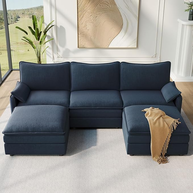 Vesgantti 108" U Shaped Sectional Couch, Comfy Cloud Modular Sectional Sofa with 2 Ottoman Deep Seat Chenille Modern Cloud Sofa, Modular Sofas for Living Room, Bedroom and Apartment, Blue