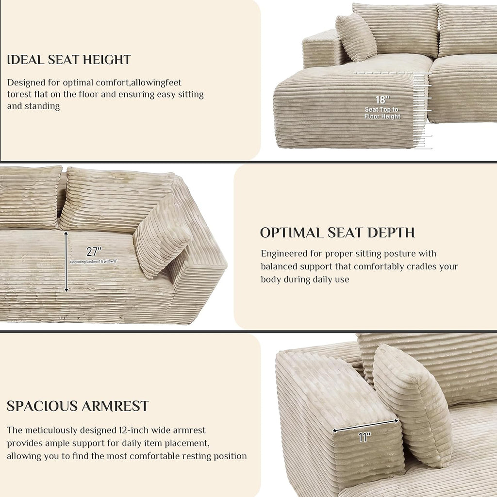 107" L-Shaped Boneless Sectional Sofa with Left-Facing Chaise, Beige | Deep-seat corduroy cloud couch with a modular boneless design and no assembly required for easy, comfortable lounging.