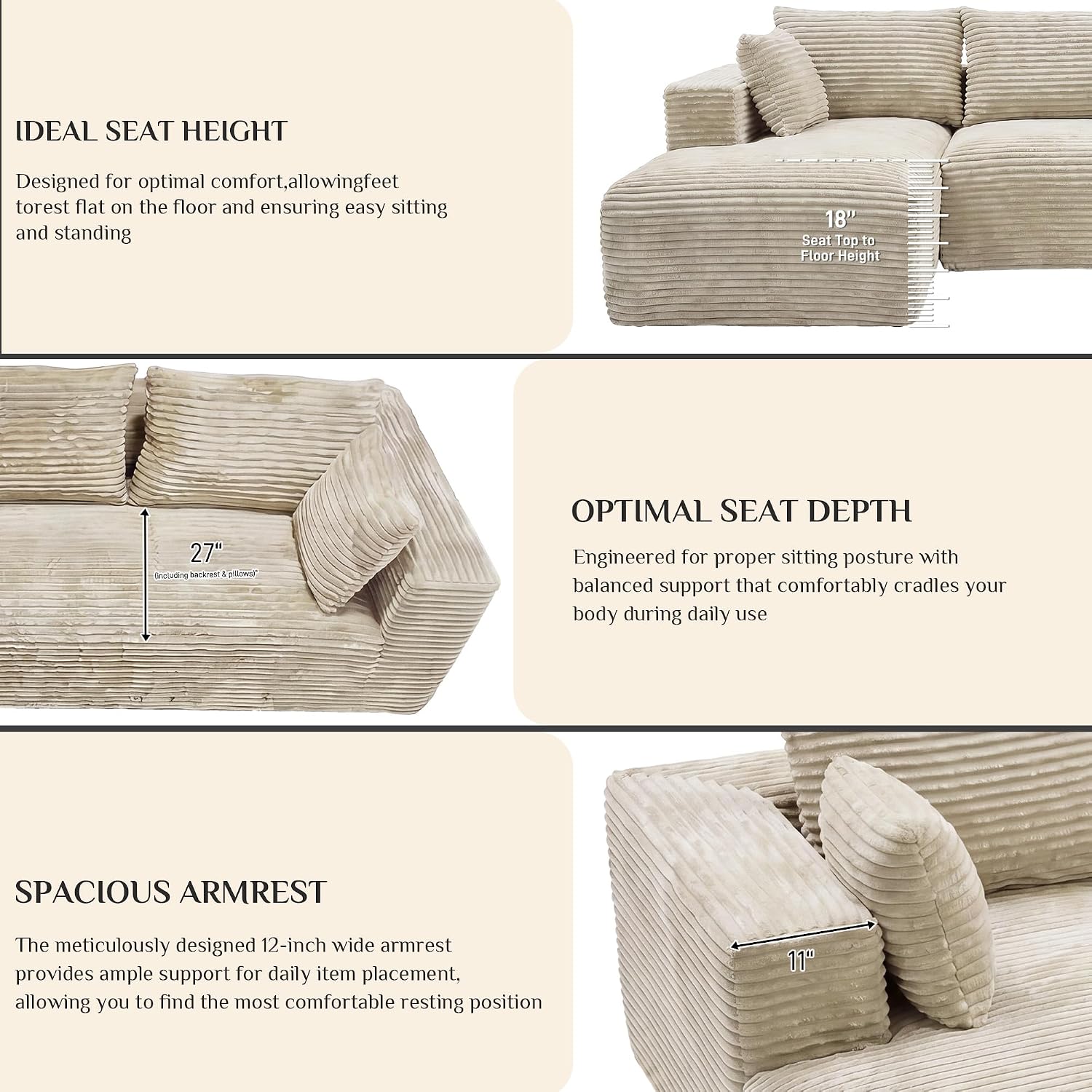 107" L-Shaped Boneless Sectional Sofa with Left-Facing Chaise, Beige | Deep-seat corduroy cloud couch with a modular boneless design and no assembly required for easy, comfortable lounging.