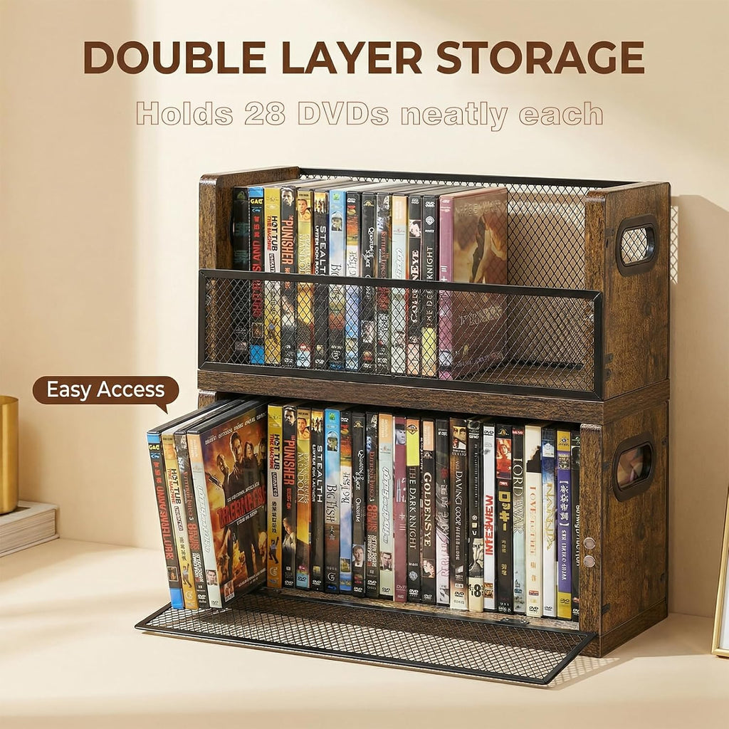 DVD Storage Box, 2 Pack Holds 56 DVDs 64 Blu ray, Stackable Media Organizer with Magnetic Door for CD, Video Game Cases, Shelf Organizer