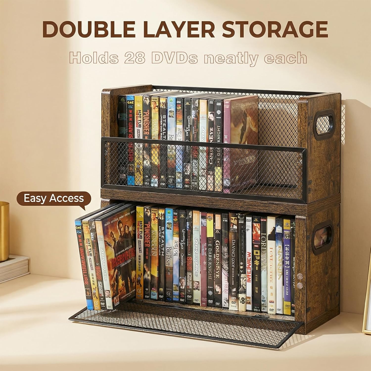 DVD Storage Box, 2 Pack Holds 56 DVDs 64 Blu ray, Stackable Media Organizer with Magnetic Door for CD, Video Game Cases, Shelf Organizer