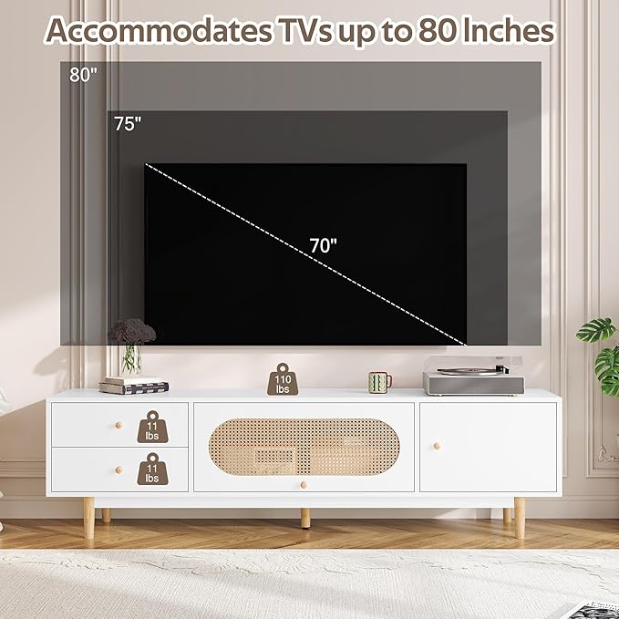 Marzzi Modern 70" TV Stand with Rattan Door, Mid-Century Boho Entertainment Center with Storage Cabinet & 2 Drawers, White Media Console with Cable Hole, Solid Wood Legs