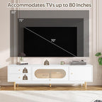 Marzzi Modern 70" TV Stand with Rattan Door, Mid-Century Boho Entertainment Center with Storage Cabinet & 2 Drawers, White Media Console with Cable Hole, Solid Wood Legs