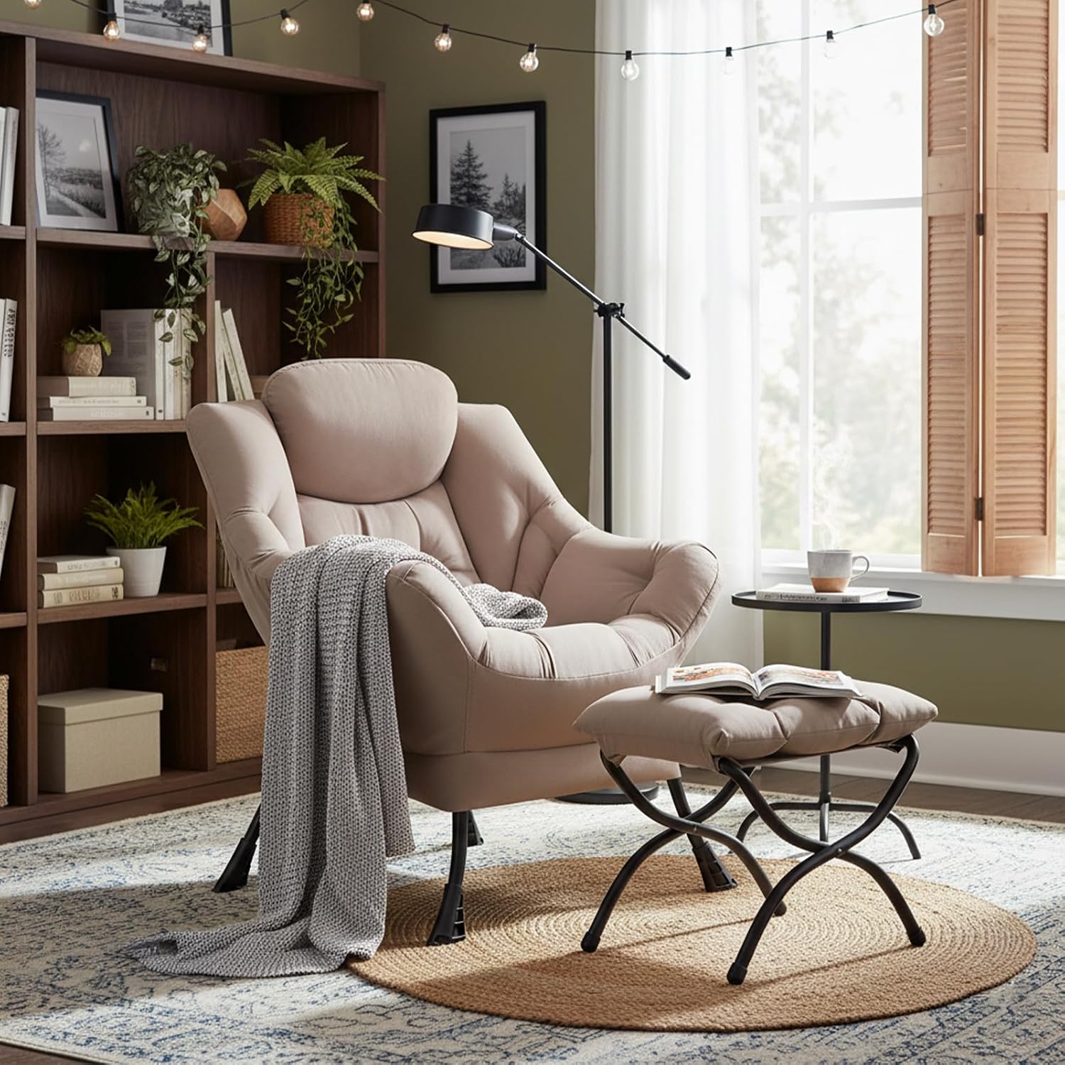 Welnow Lazy Chair with Ottoman, Reading Chair with Footrest，Khaki | A Side Pocket,Armrests,Foldable Footrest,Thick Cushioned Seat & Backrest, Lounge Chair for Bedroom,Living Room & Small Space