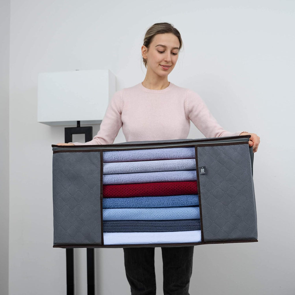 VENO 3 Pack Oversize Clothes Storage Bag Organizer with Reinforced Handle Thick Fabric for Comforters, Blankets, Bedding, Foldable with Sturdy Zipper, Clear Window, Grey, Reusable (34 Gallon)