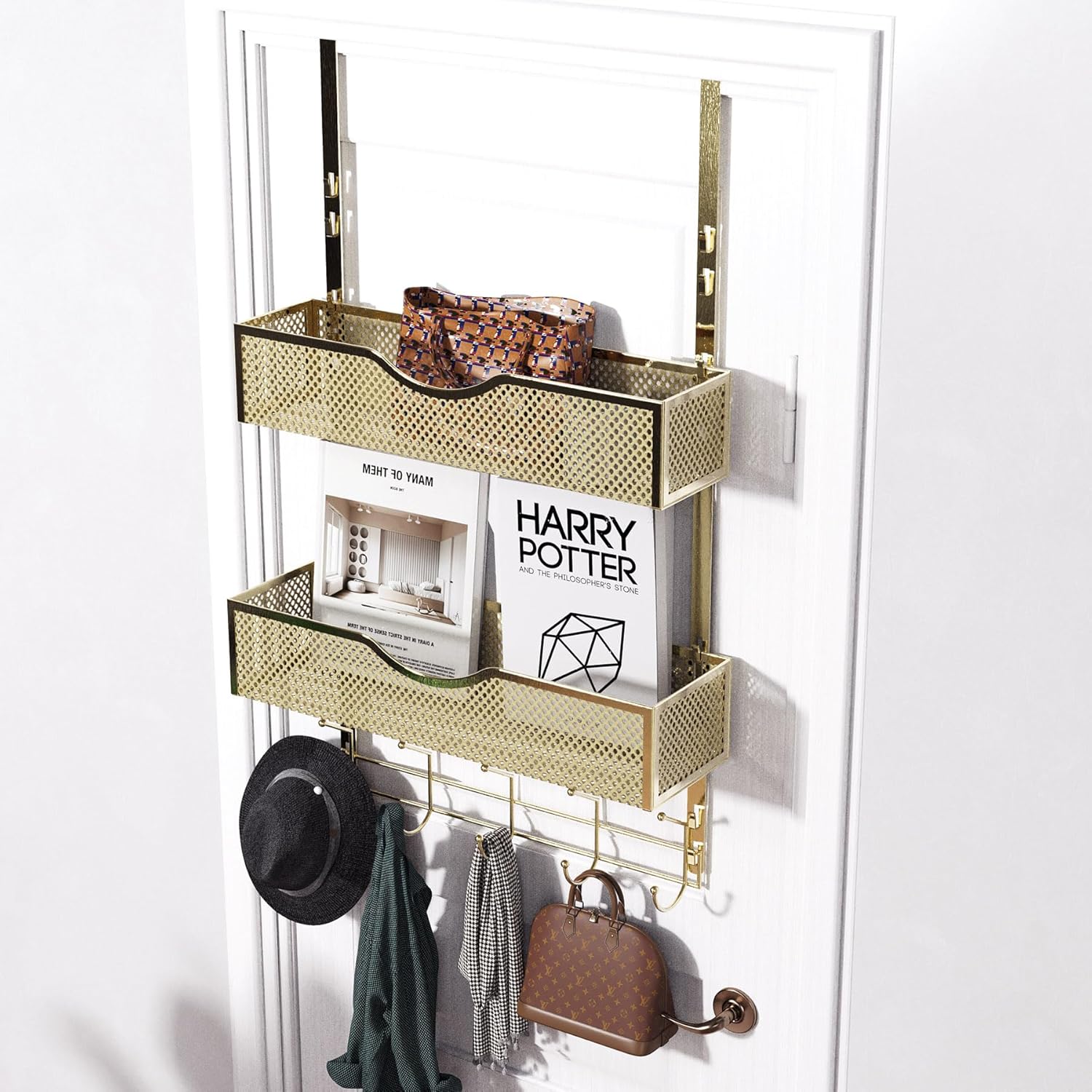 BRENNHOLZ Over The Door Hooks Organizer,Coat Rack with 10 Hooks and 2 Mesh Baskets,Back of Door Storage Organizer for Bathroom,Bedroom,Kitchen,Office(Golden)