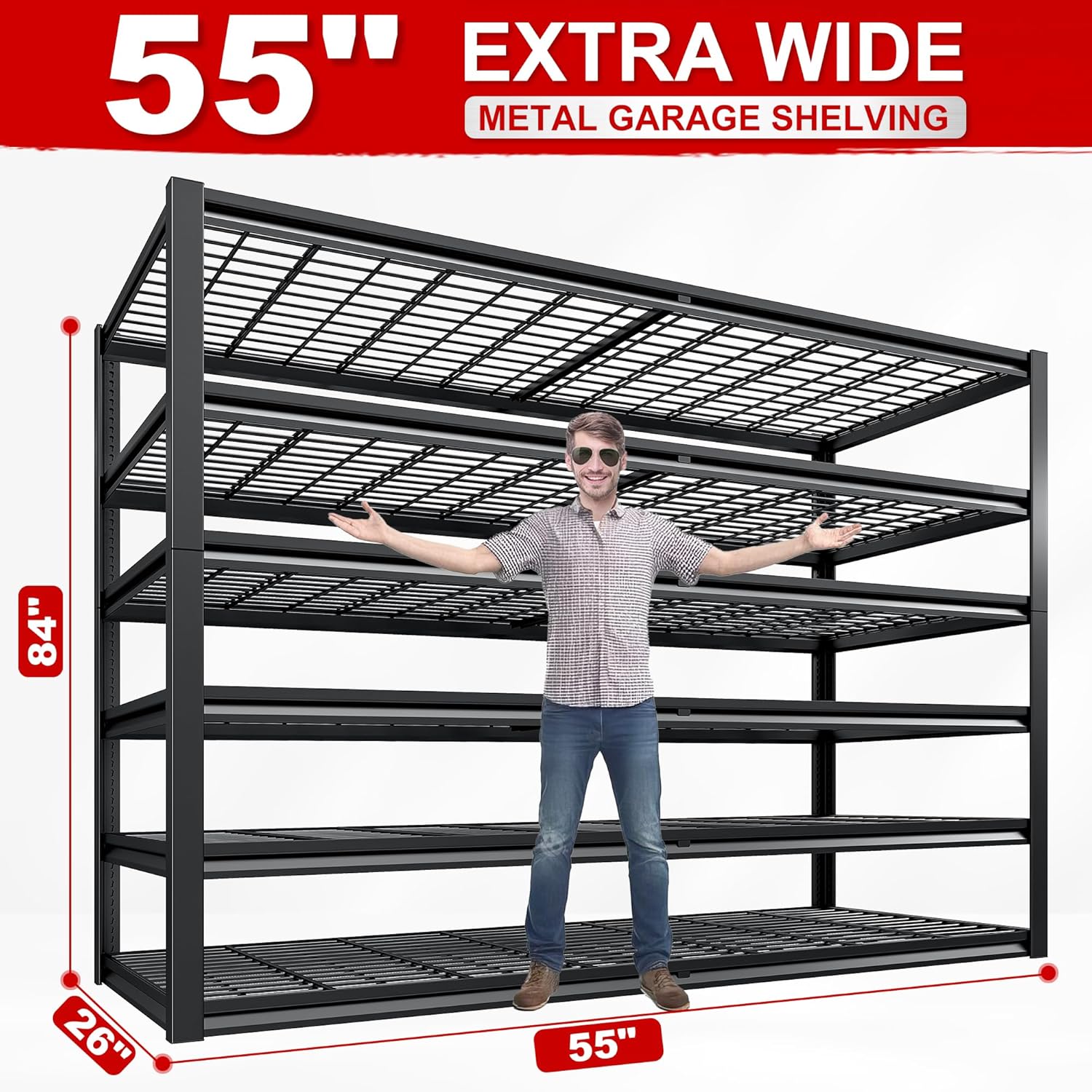 REIBII Garage Shelving 3500LBS, 6 Tier Storage Shelves, Adjustable Heavy Duty Shelving Unit, Metal Shelf for Warehouse, Basement, Pantry, Factory, 55" W x 26" D x 84" H, Black