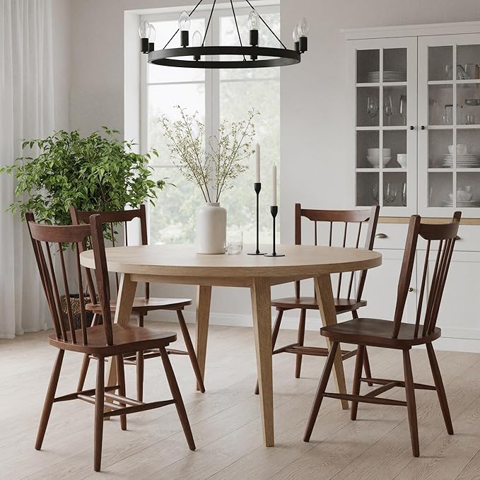 HNY Walnut Windsor Dining Chairs Set of 2, Farmhouse Wooden Kitchen Chairs with Spindle Back, Mid Century Modern Armless Kitchen Side Chair for Dining Living Room Restaurant