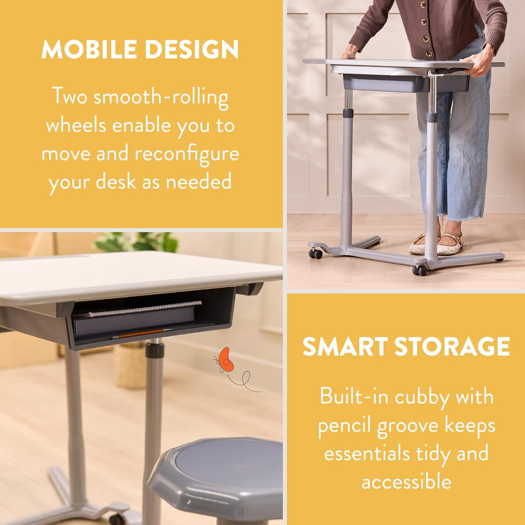 Mobile Adjustable Student Standing Desk, Portable Workstation, Grey